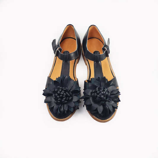 Sandals Handmade Leather Fisherman Sandals - Black Flower San Rocco Italia