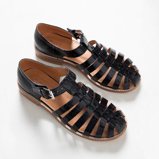 Sandals Handmade Patent Leather Fisherman Sandals - Black Croc San Rocco Italia