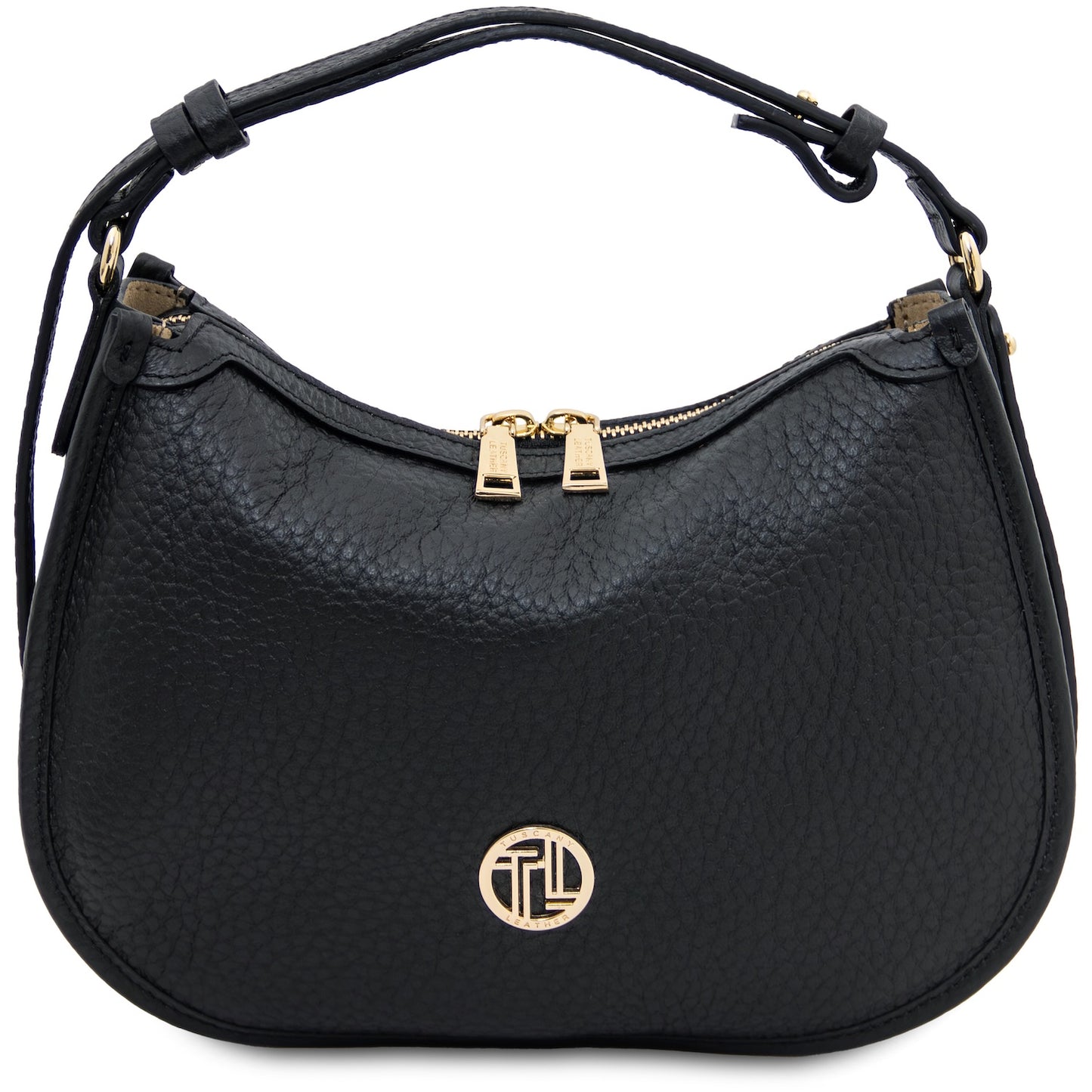 Black hobo handbag with gold accents on a white background