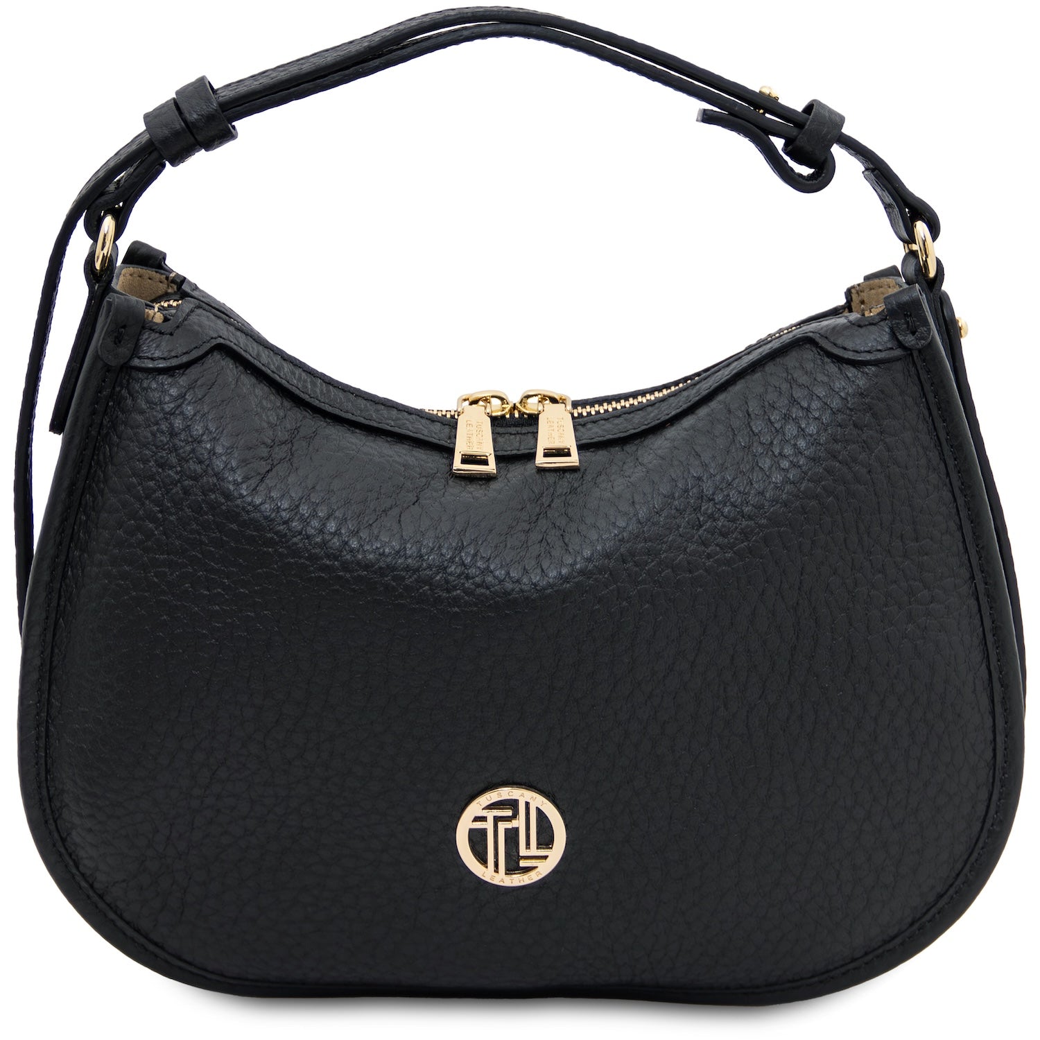 Black hobo handbag with gold accents on a white background