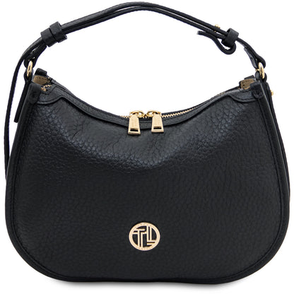 Black hobo handbag with gold accents on a white background