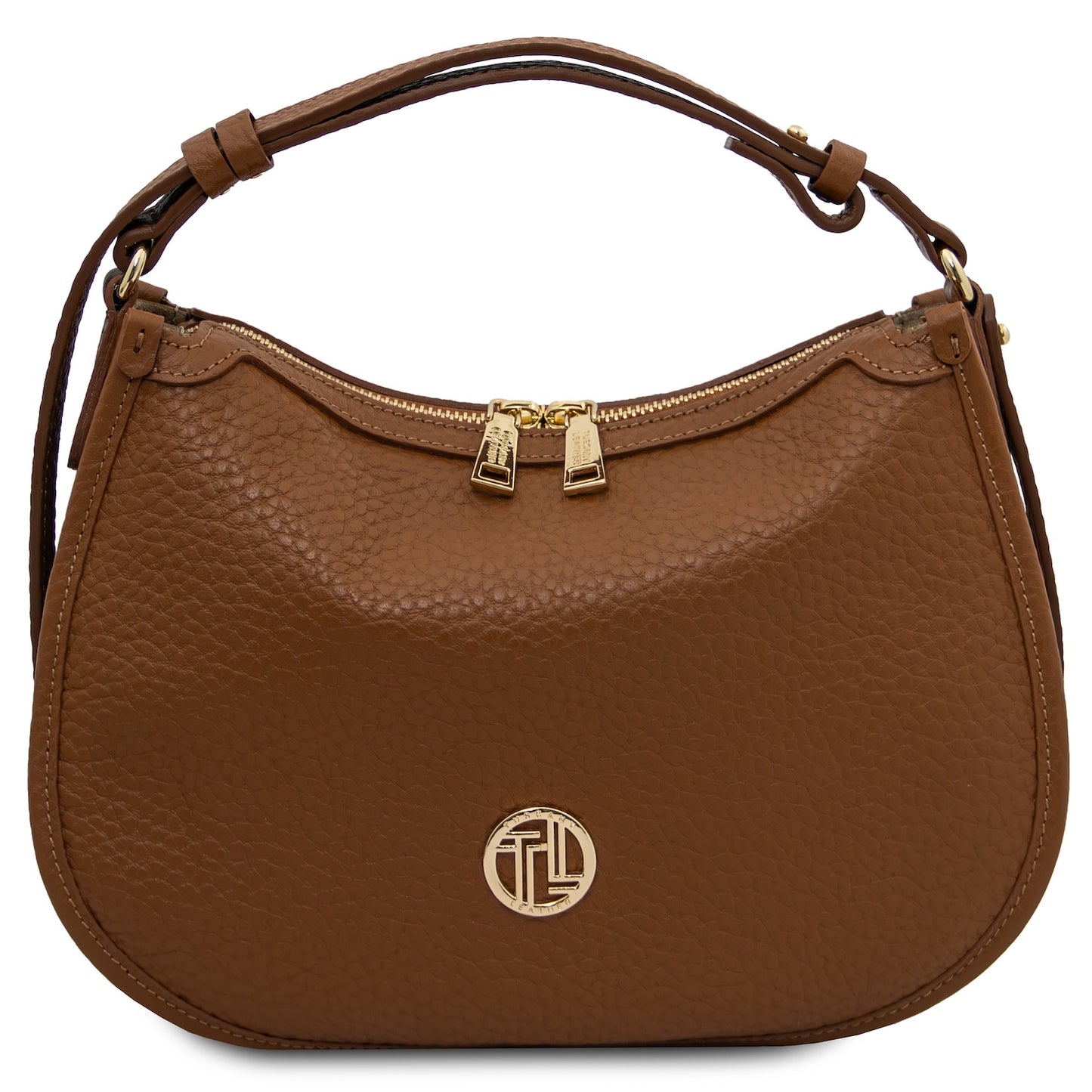 Front view of brown pebbled Hoblò soft leather hobo bag with gold zipper pulls and logo medallion.