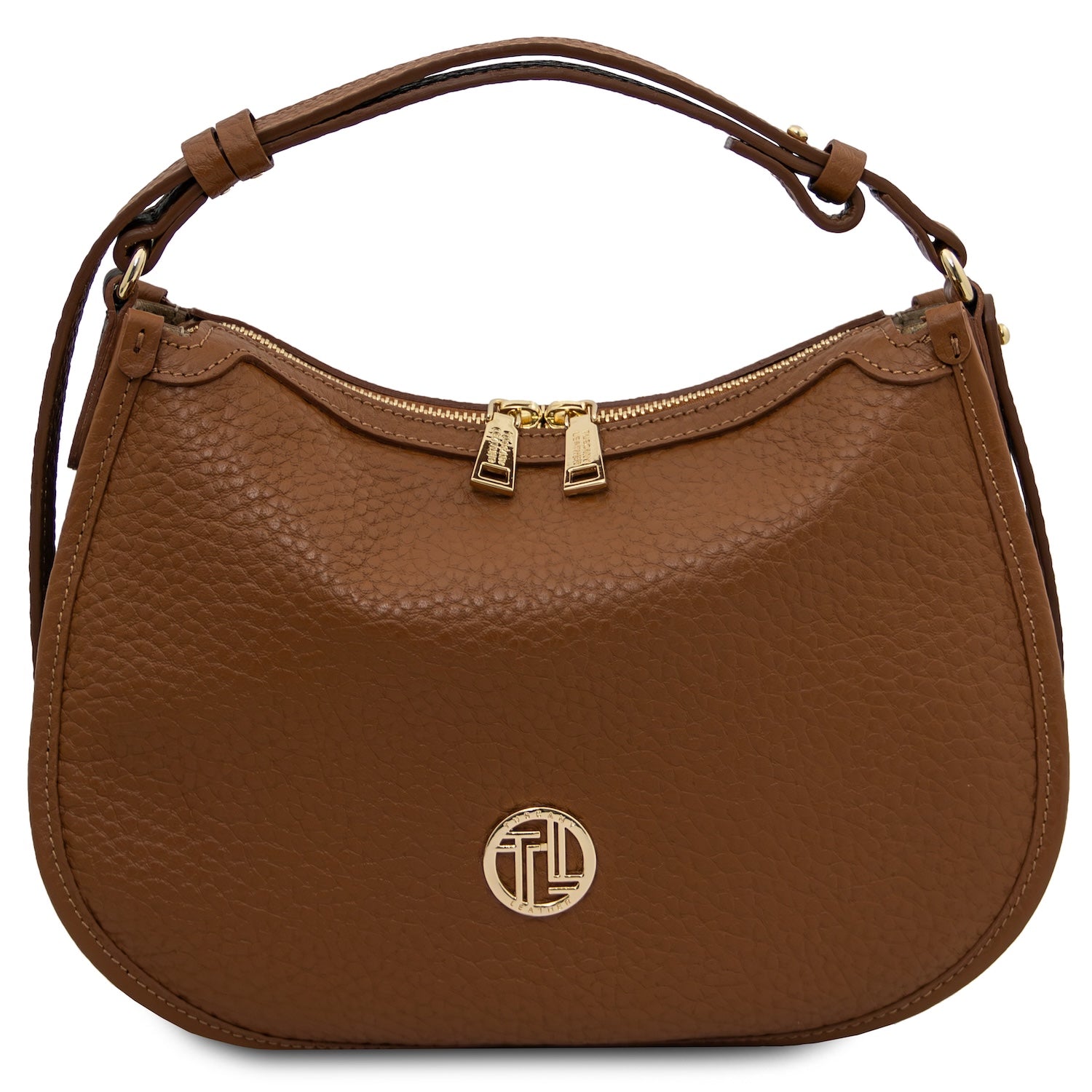 Front view of brown pebbled Hoblò soft leather hobo bag with gold zipper pulls and logo medallion.