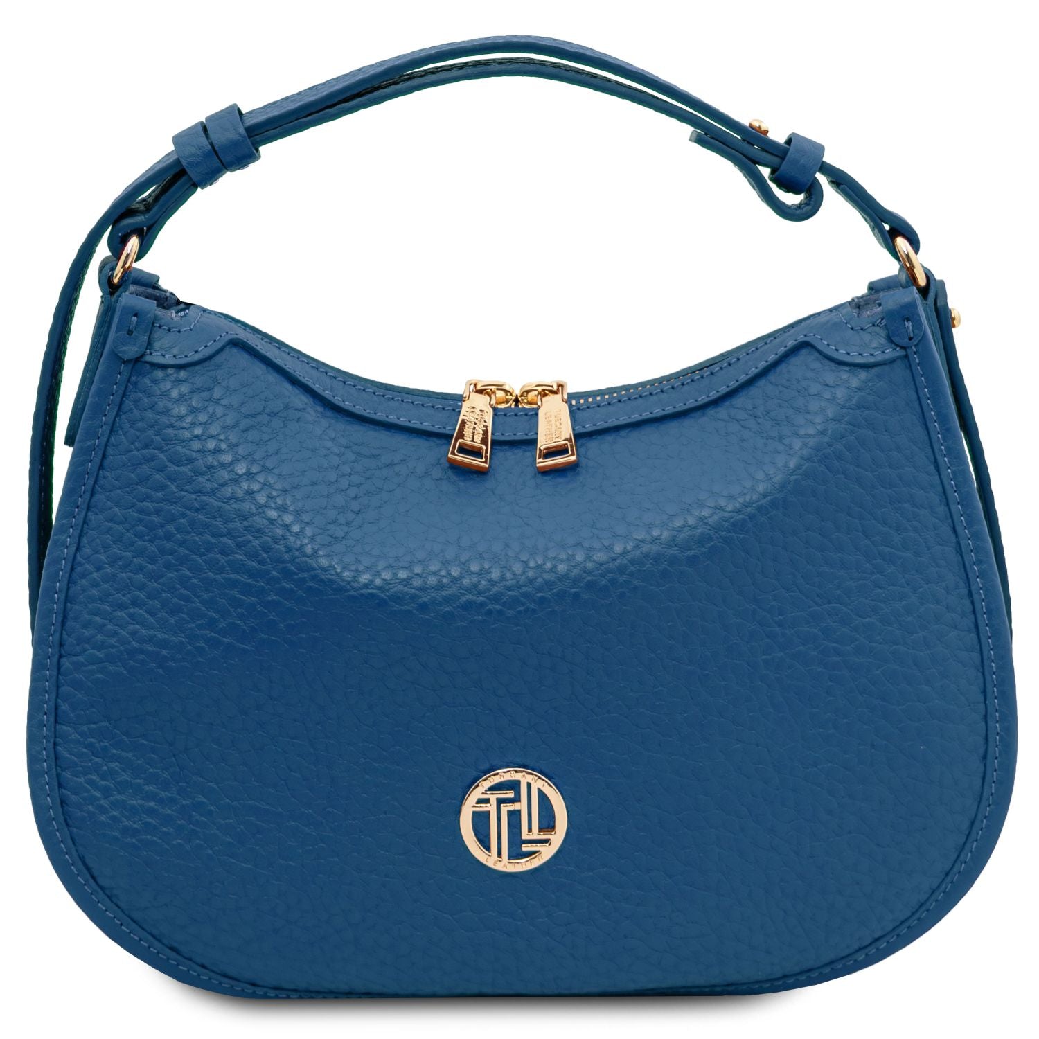 Hoblò blue soft leather hobo bag with pebbled texture gold-tone zipper pulls and front circular logo