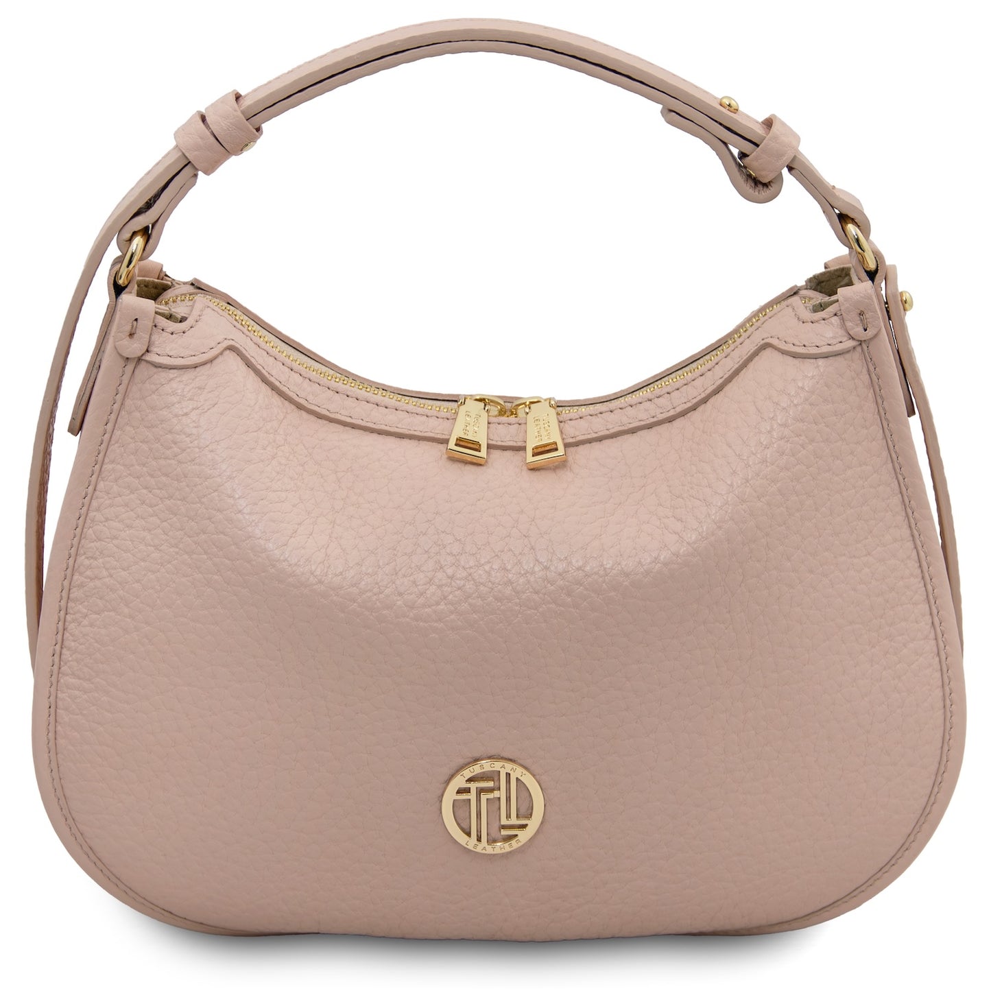 Pink hobo handbag with gold accents on a white background