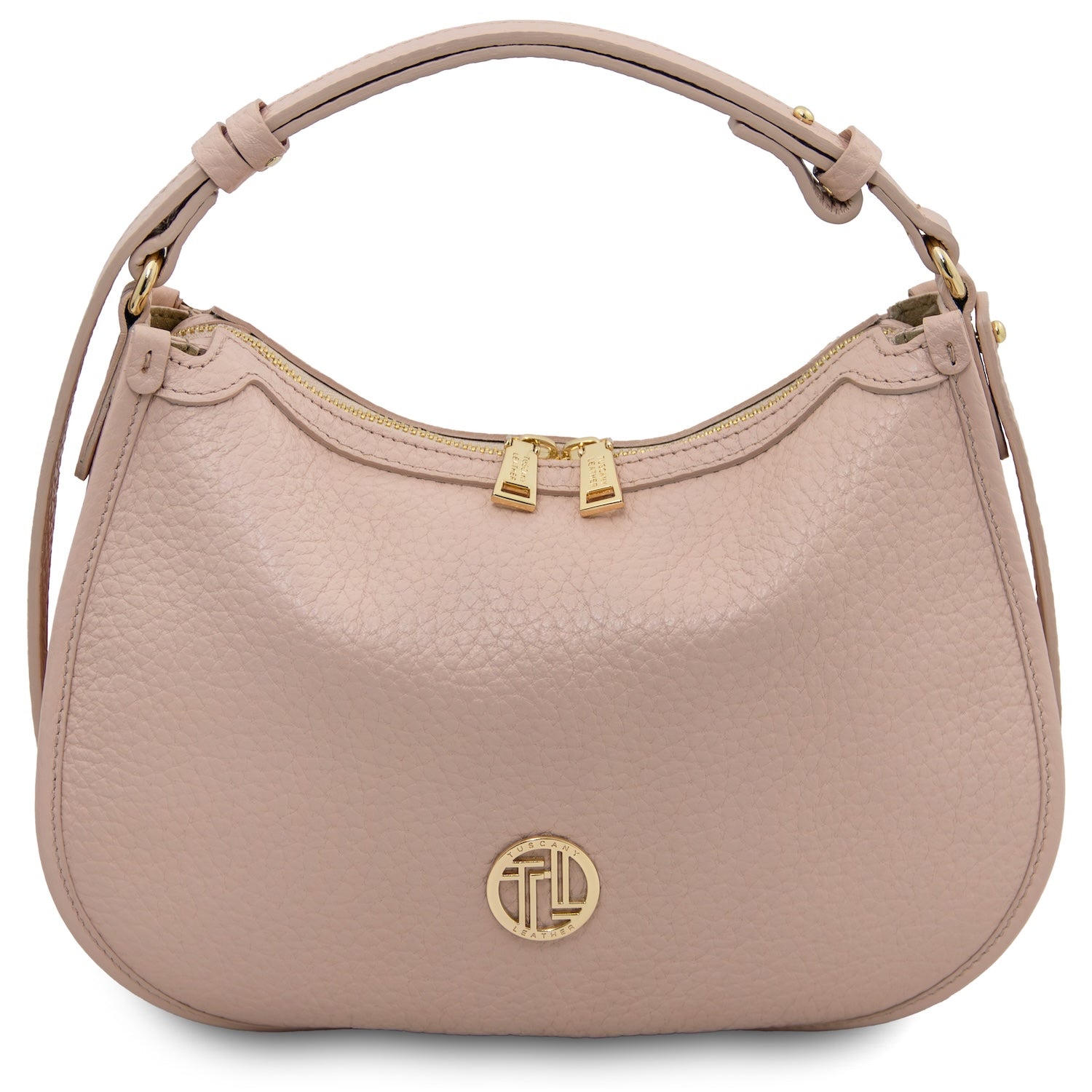 Pink hobo handbag with gold accents on a white background