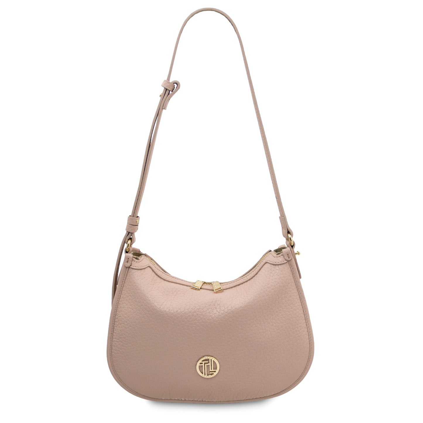 Front view of Hoblò soft leather hobo bag with long adjustable strap in blush pink pebbled leather and gold logo plaque