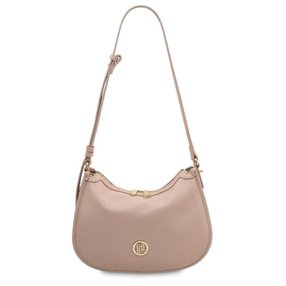 Front view of Hoblò soft leather hobo bag with long adjustable strap in blush pink pebbled leather and gold logo plaque