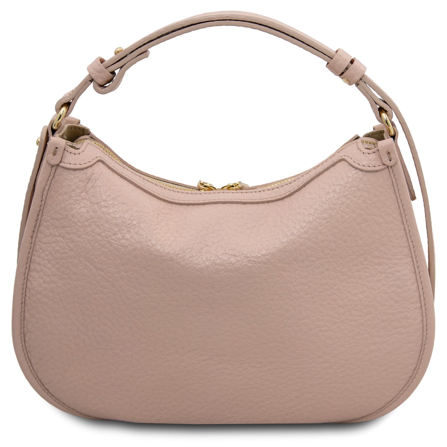 Pink leather hobo bag with a strap on a white background