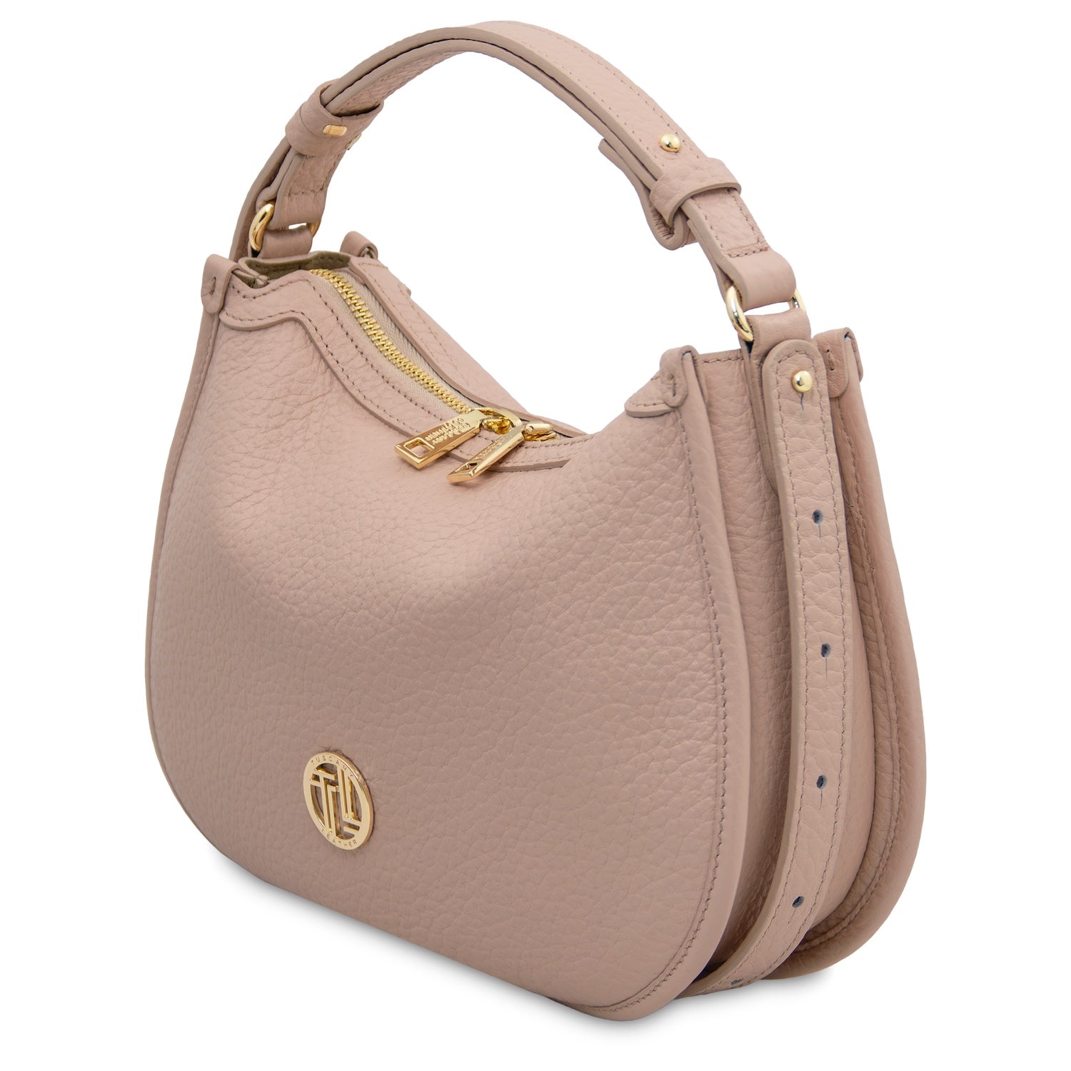 Hoblò Soft Leather hobo bag in blush pink pebbled leather with gold zipper pulls and top handle