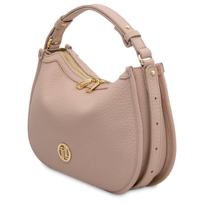 Hoblò Soft Leather hobo bag in blush pink pebbled leather with gold zipper pulls and top handle