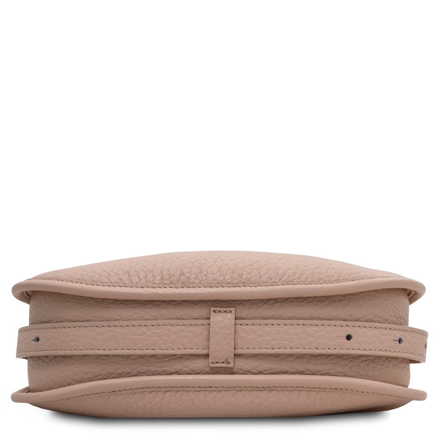 Blush pink Hoblò soft leather hobo bag laid flat showing rounded bottom and pebbled texture