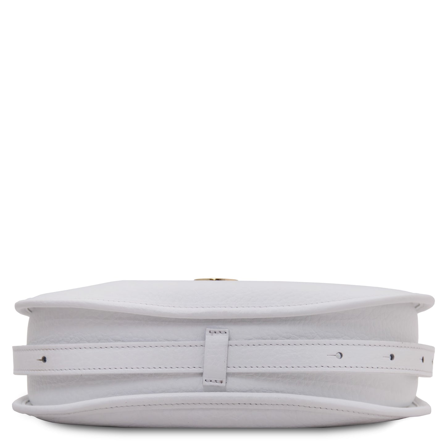 Side view of white Hoblò Soft Leather hobo bag showing slim profile and adjustable shoulder strap with gold hardware.