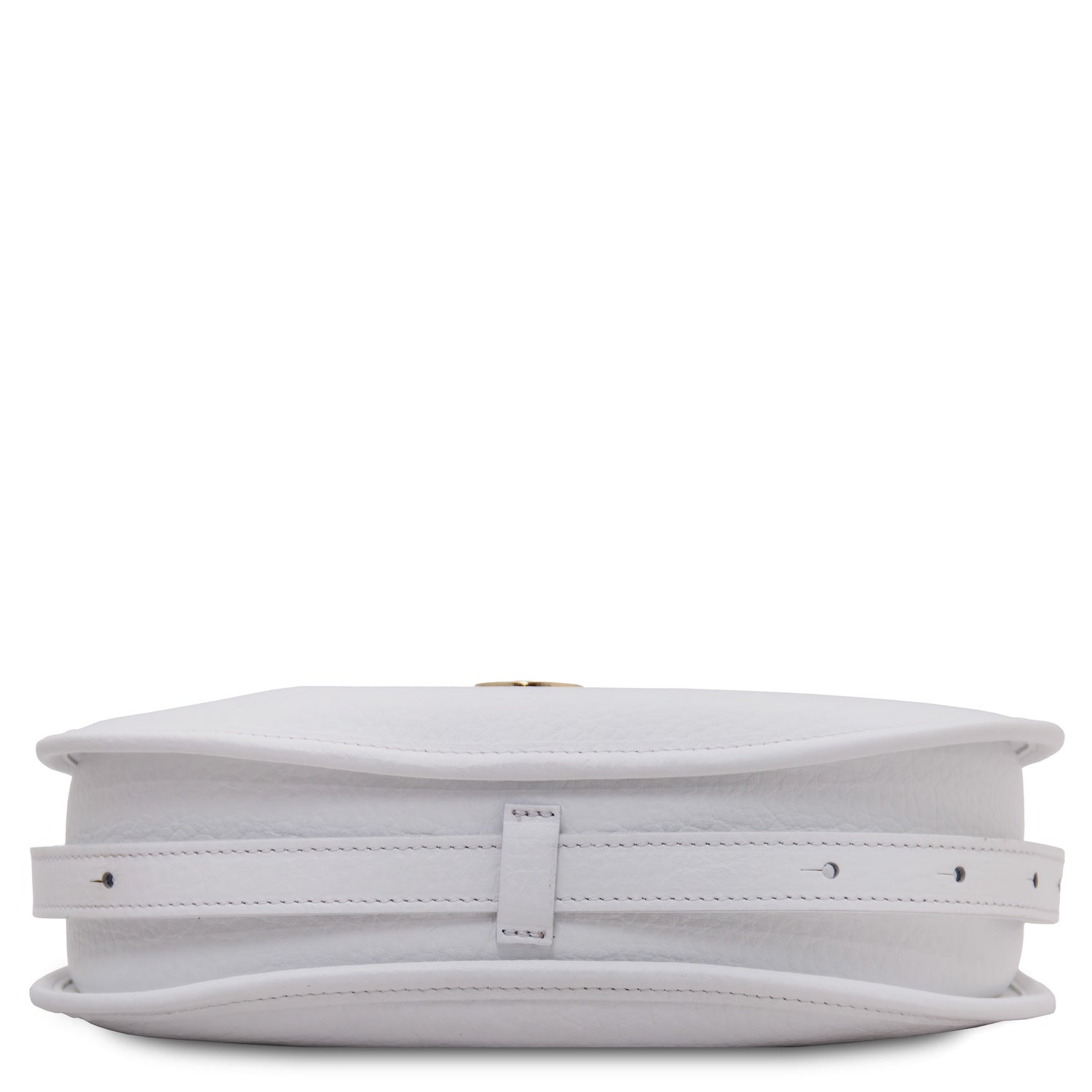 Side view of white Hoblò Soft Leather hobo bag showing slim profile and adjustable shoulder strap with gold hardware.