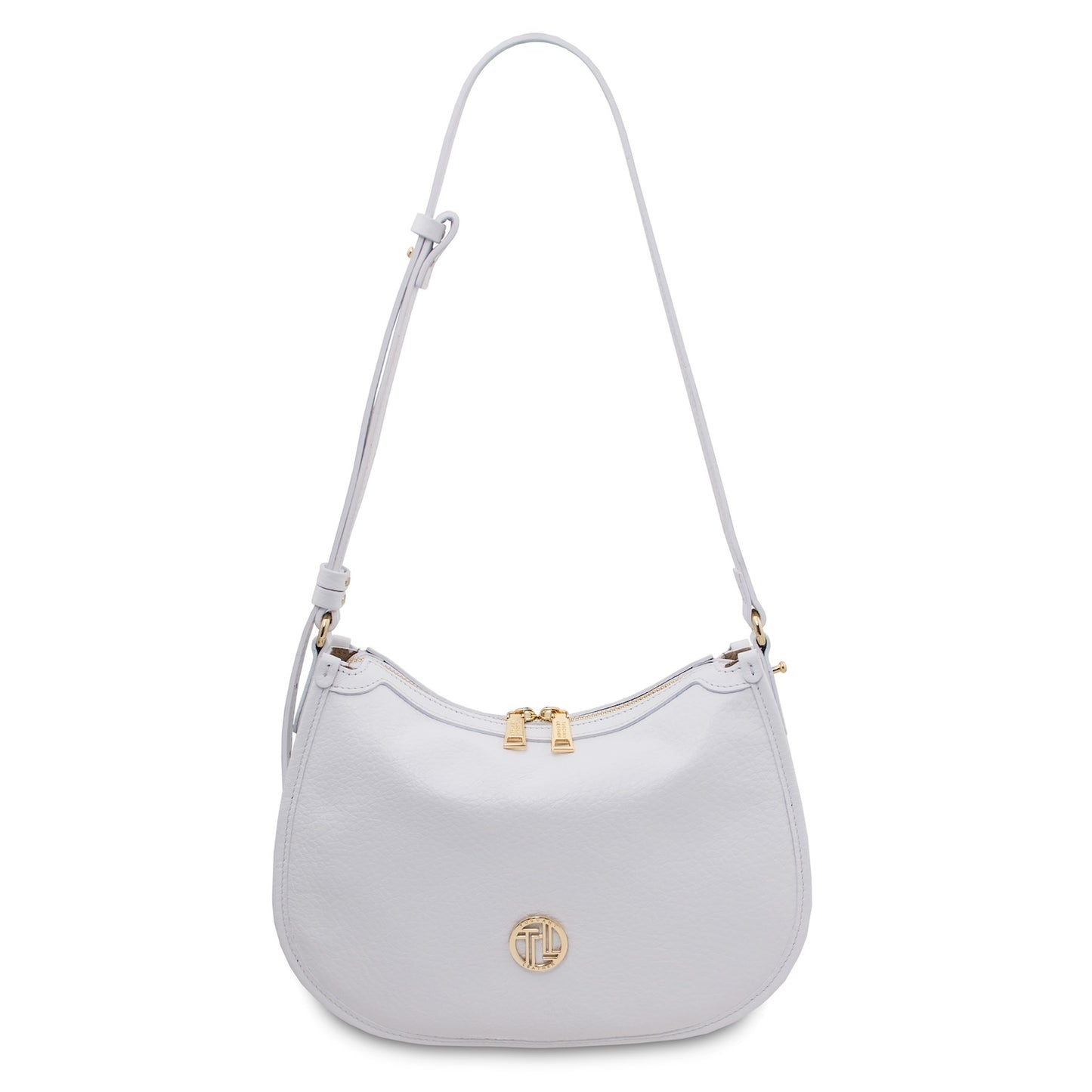 Front view of white Hoblò Soft Leather hobo bag with gold zipper pulls and circular gold logo on the front.