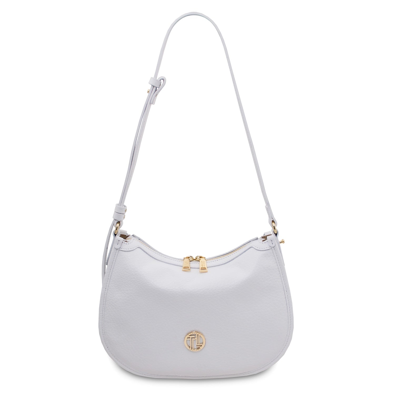 Front view of white Hoblò Soft Leather hobo bag with gold zipper pulls and circular gold logo on the front.