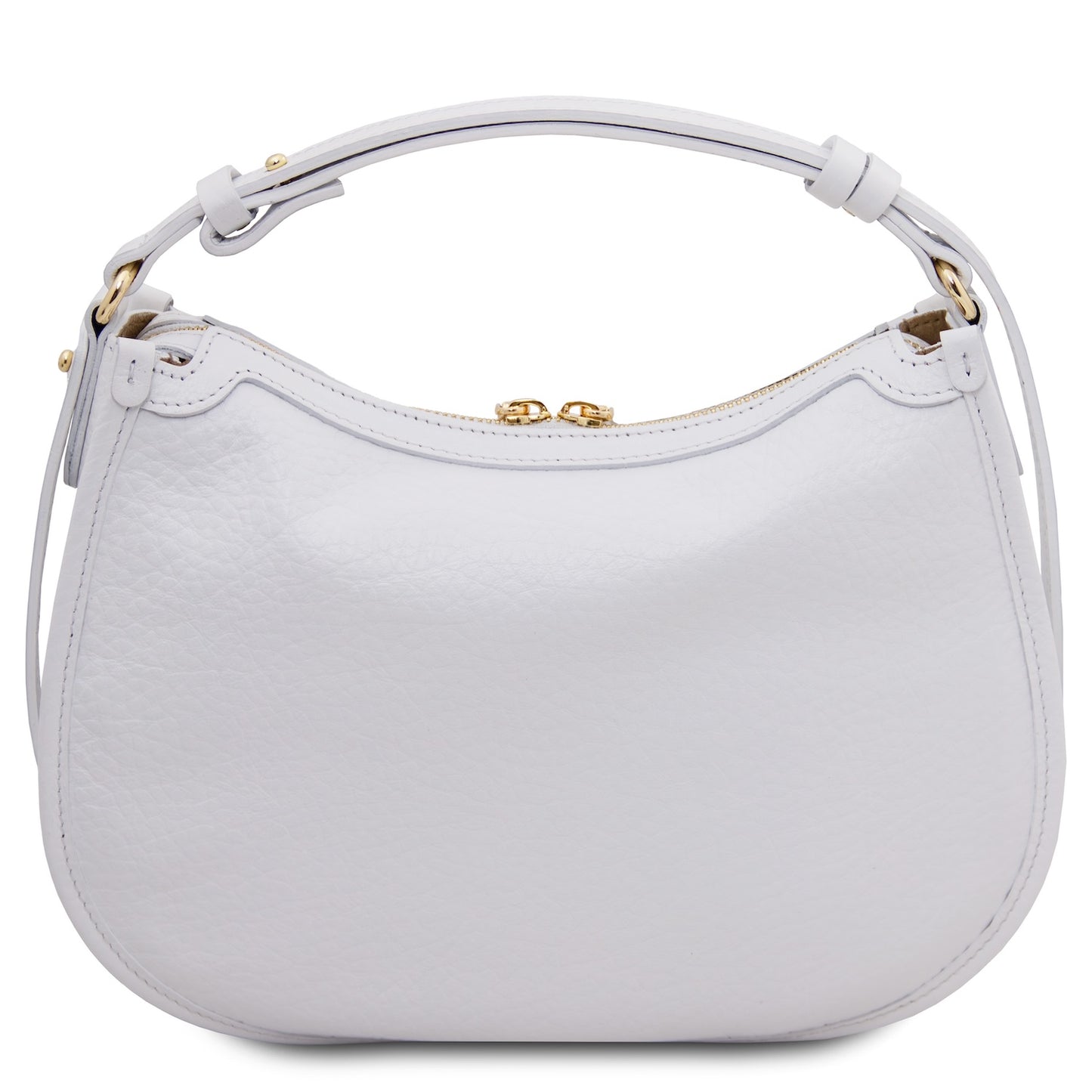 Hoblò Soft Leather hobo bag in white with pebbled texture, curved top and gold zipper pulls.