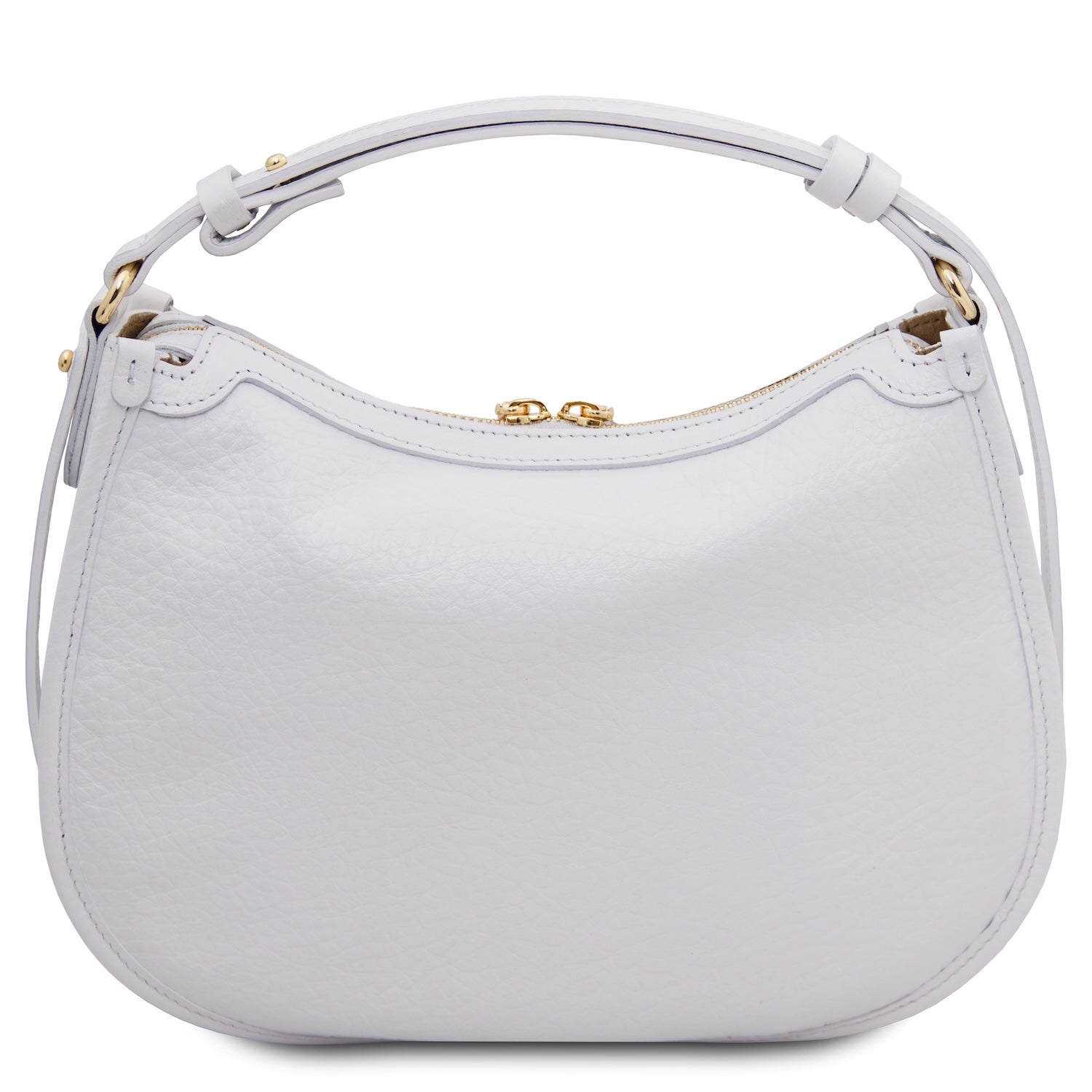 Hoblò Soft Leather hobo bag in white with pebbled texture, curved top and gold zipper pulls.