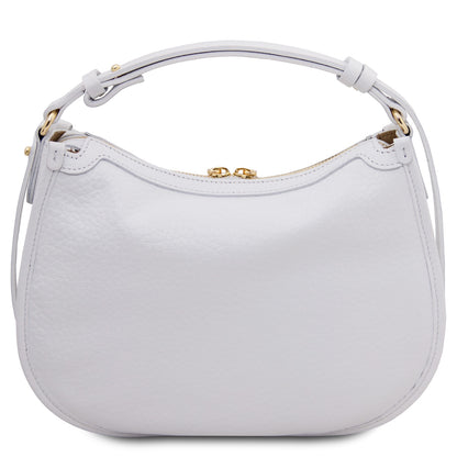 Hoblò Soft Leather hobo bag in white with pebbled texture, curved top and gold zipper pulls.