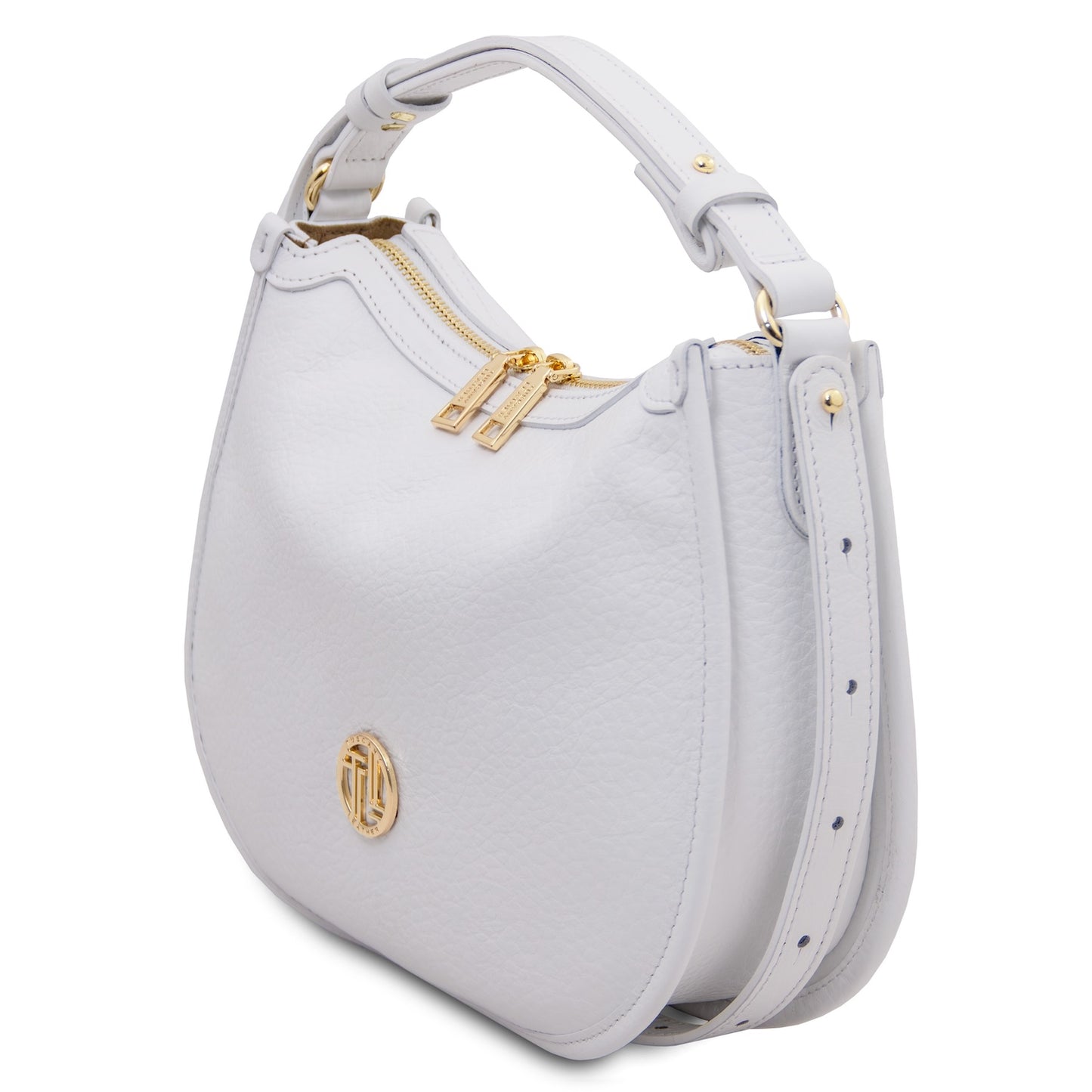 Three quarter view of the white Hoblò soft leather hobo bag showing gold hardware and an adjustable strap