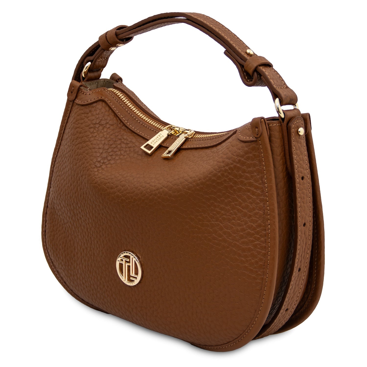 Side profile of brown Hoblò soft leather hobo bag with curved silhouette and adjustable strap in gold hardware.