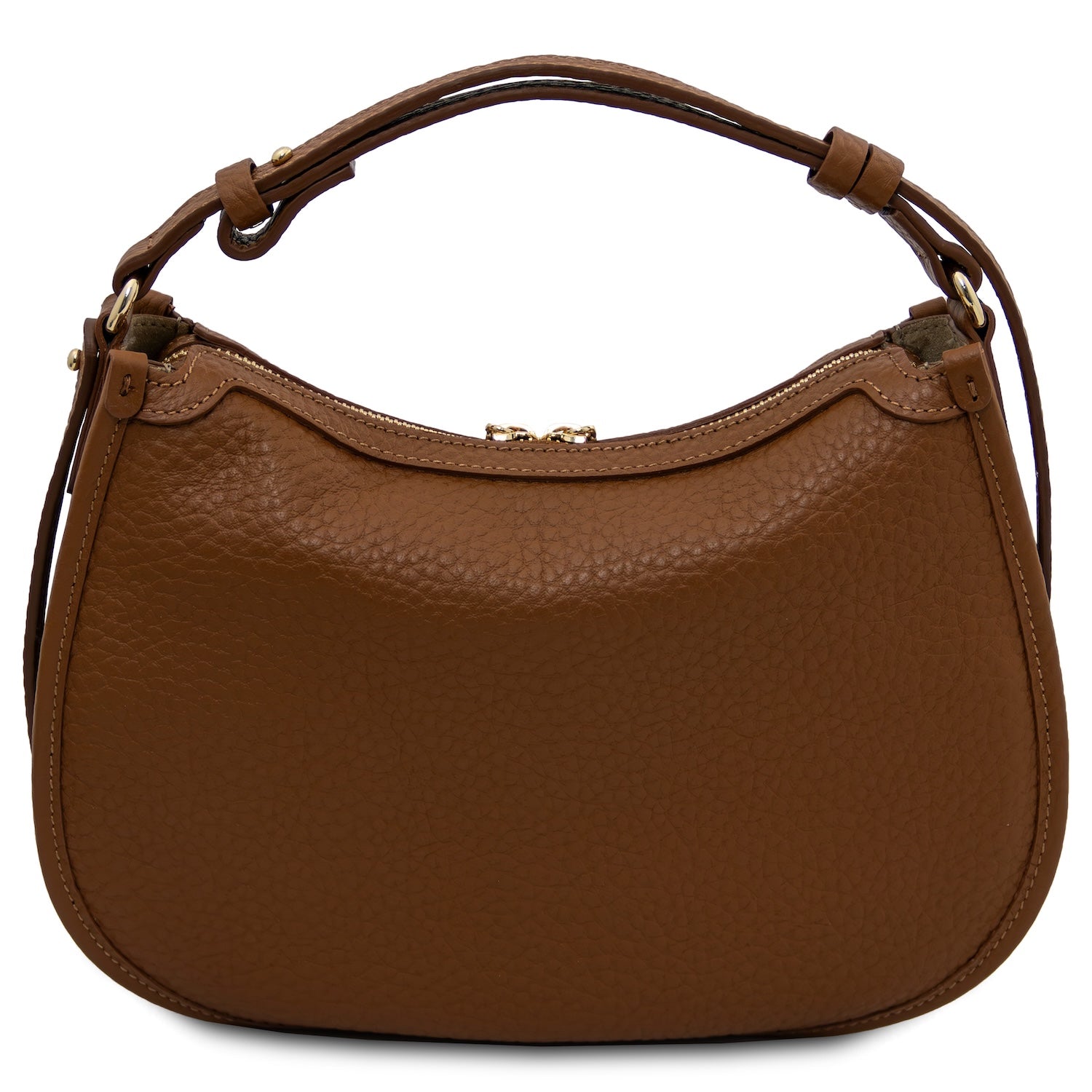 Brown pebbled leather Hoblò hobo bag with curved top and gold-tone zipper.
