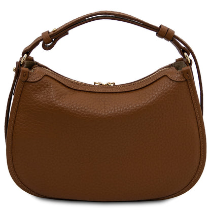 Brown pebbled leather Hoblò hobo bag with curved top and gold-tone zipper.