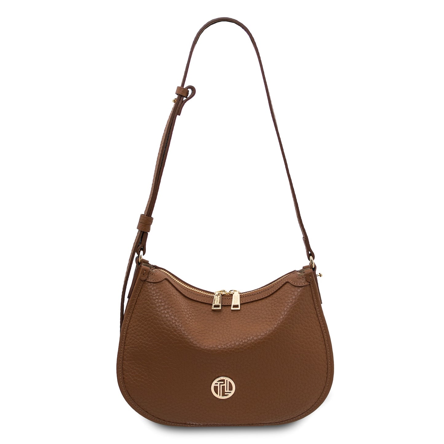 Front view of brown Hoblò Soft Leather hobo bag with long strap, gold hardware, and circular logo emblem.