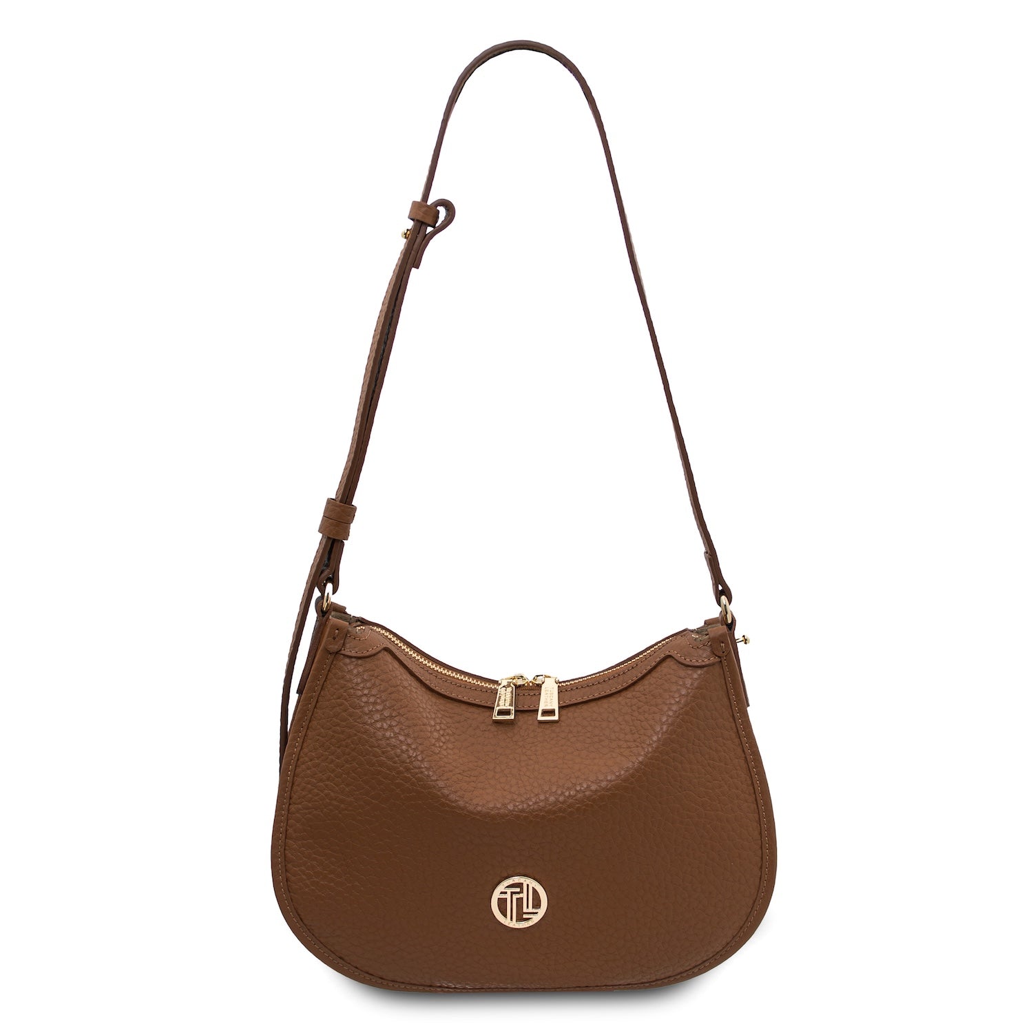 Front view of brown Hoblò Soft Leather hobo bag with long strap, gold hardware, and circular logo emblem.