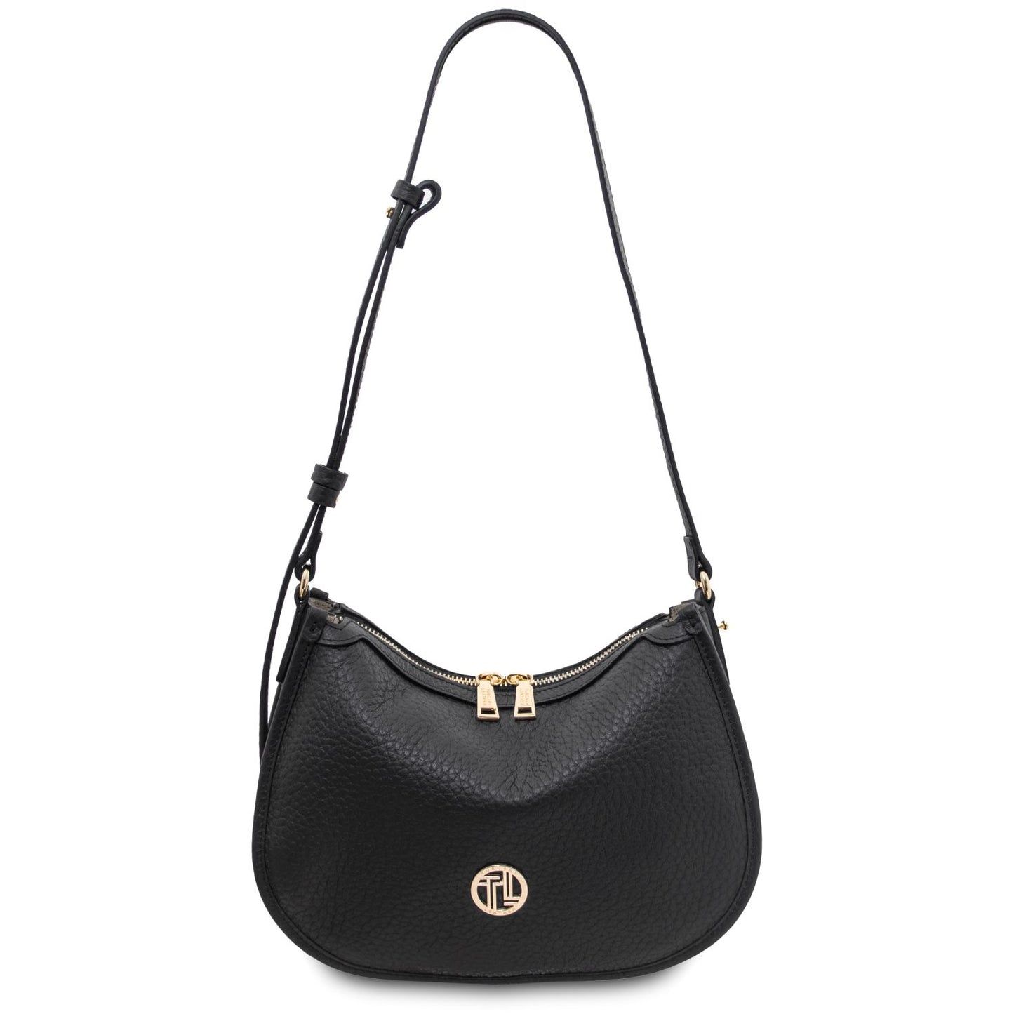 Hoblò soft leather hobo bag in black with a long adjustable strap and gold hardware