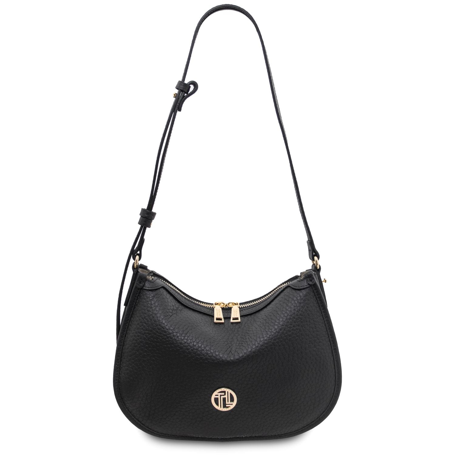 Hoblò soft leather hobo bag in black with a long adjustable strap and gold hardware