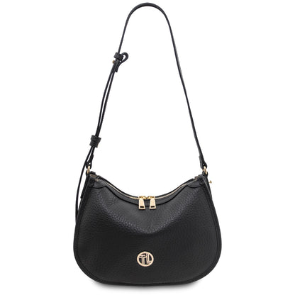 Hoblò soft leather hobo bag in black with a long adjustable strap and gold hardware