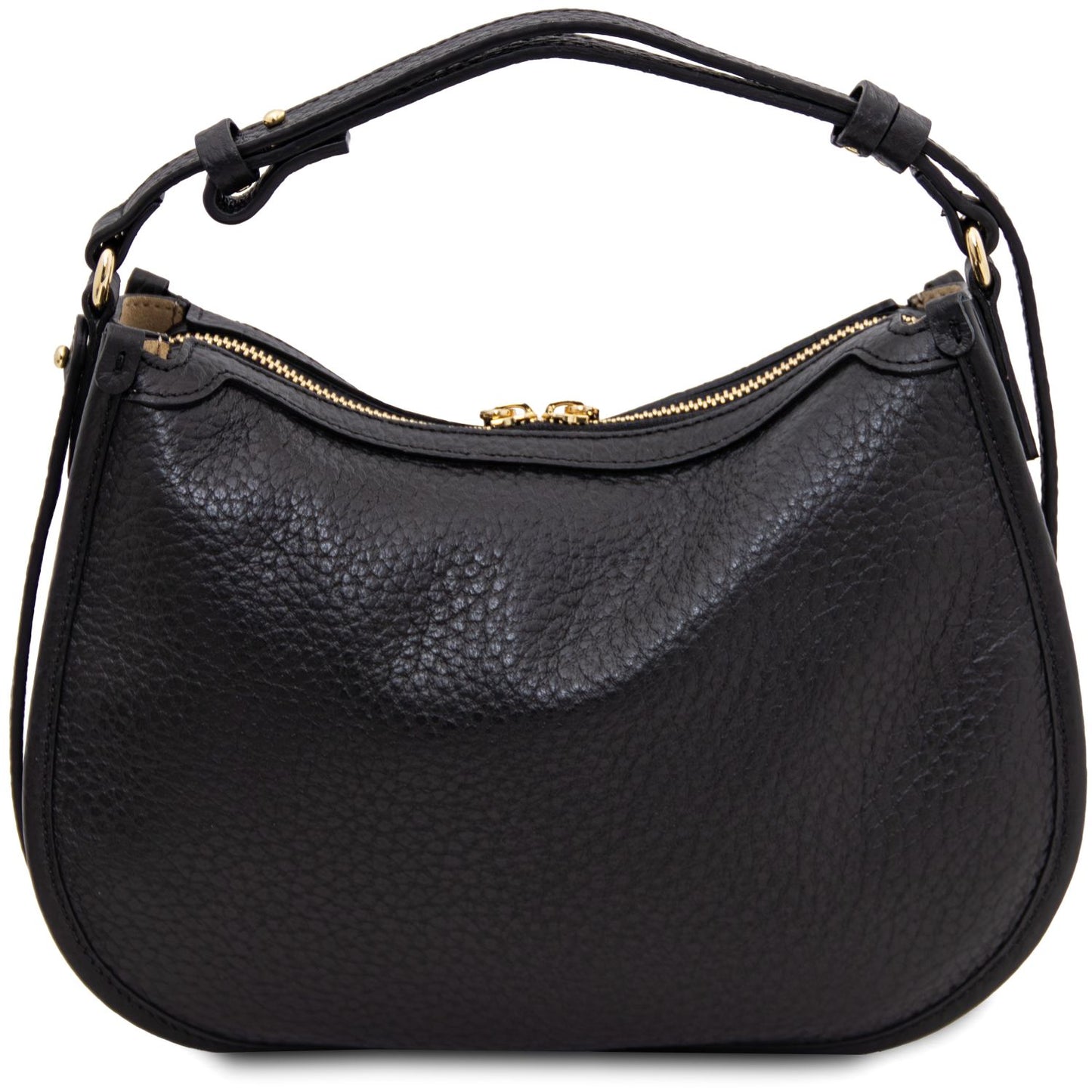 Side view of the black soft leather hobo bag highlighting its curved silhouette and gold hardware