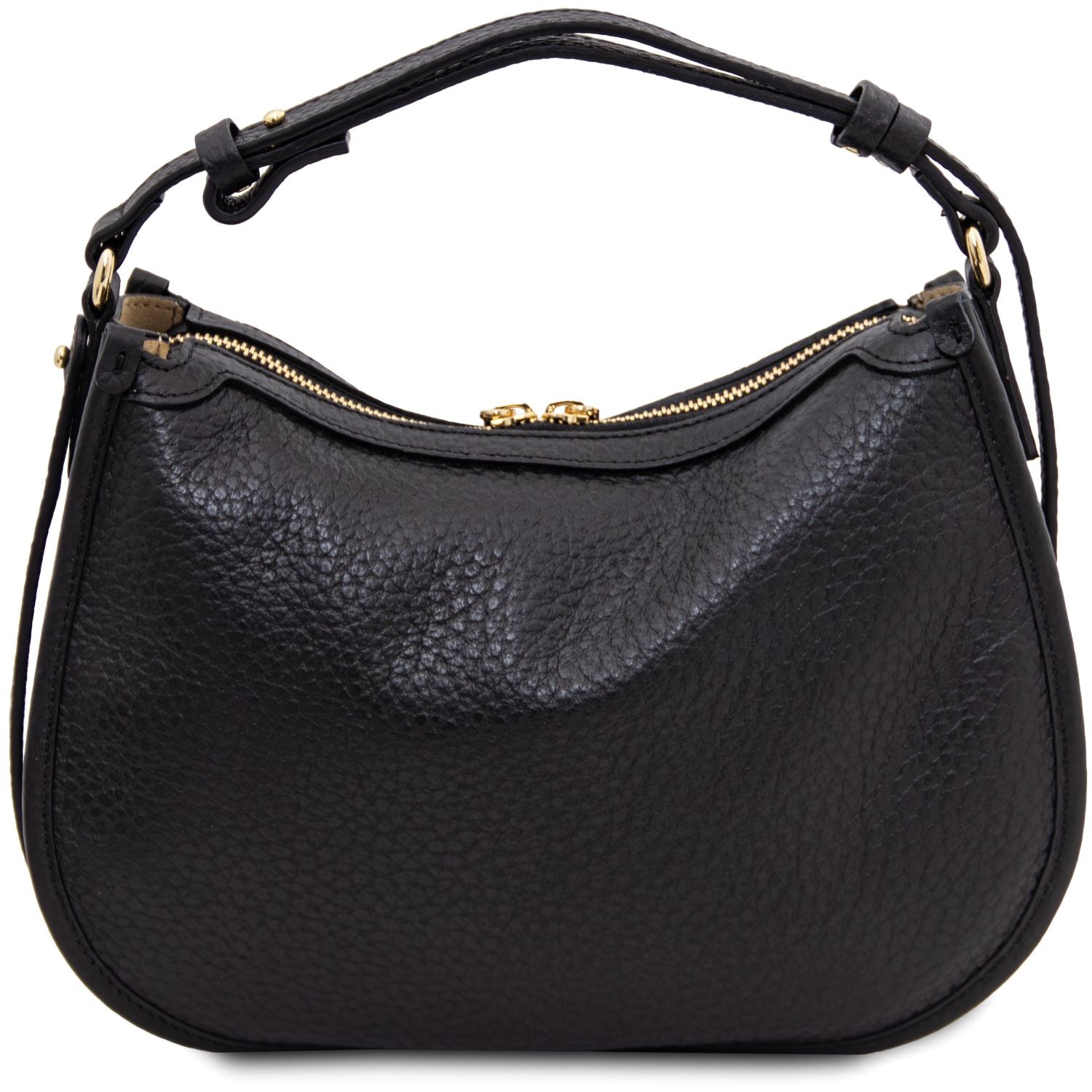 Side view of the black soft leather hobo bag highlighting its curved silhouette and gold hardware