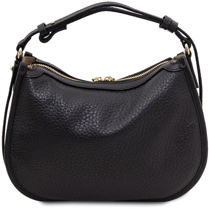 Side view of the black soft leather hobo bag highlighting its curved silhouette and gold hardware