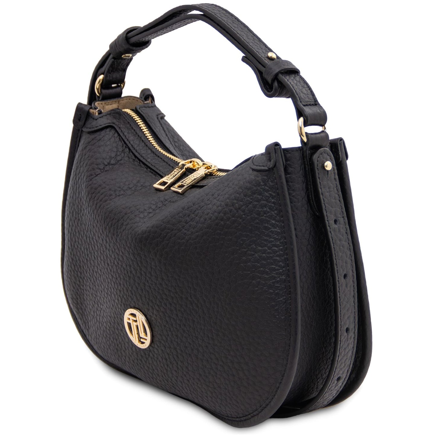 Black pebbled leather hobo bag with gold-tone double zipper and small circular logo plaque