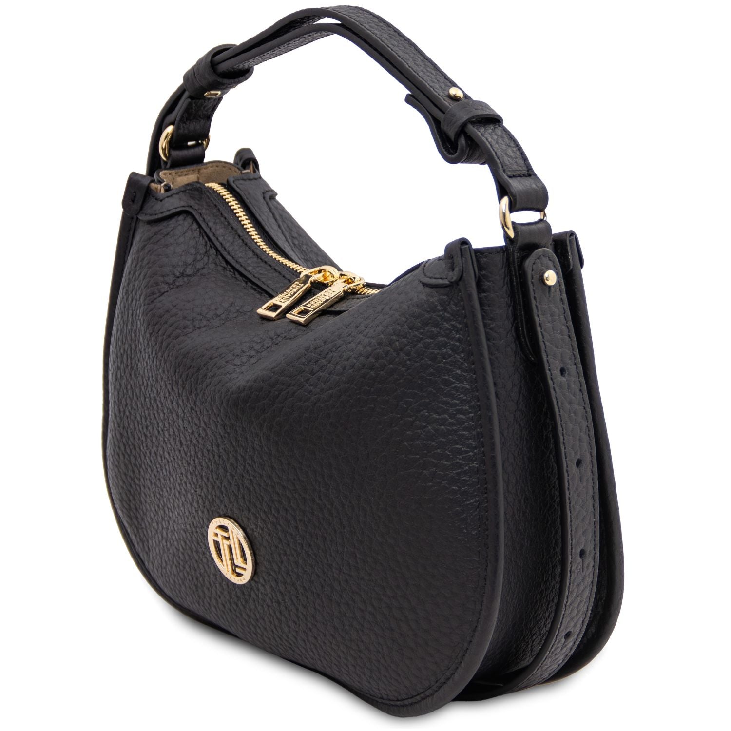 Black pebbled leather hobo bag with gold-tone double zipper and small circular logo plaque