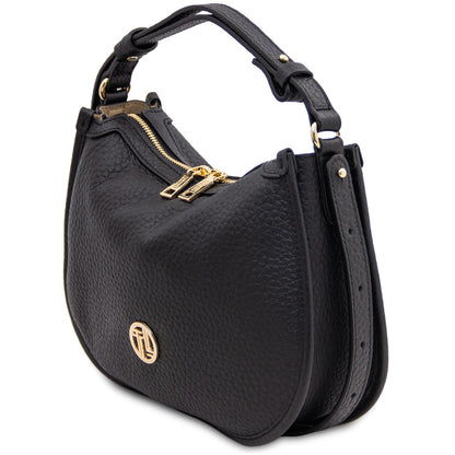 Black pebbled leather hobo bag with gold-tone double zipper and small circular logo plaque