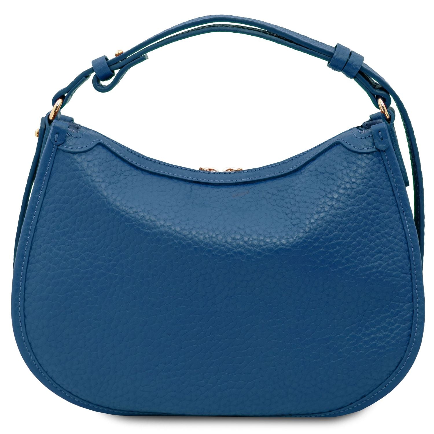 Blue Hoblò soft leather hobo bag from a front right angle showing curved silhouette and gold hardware