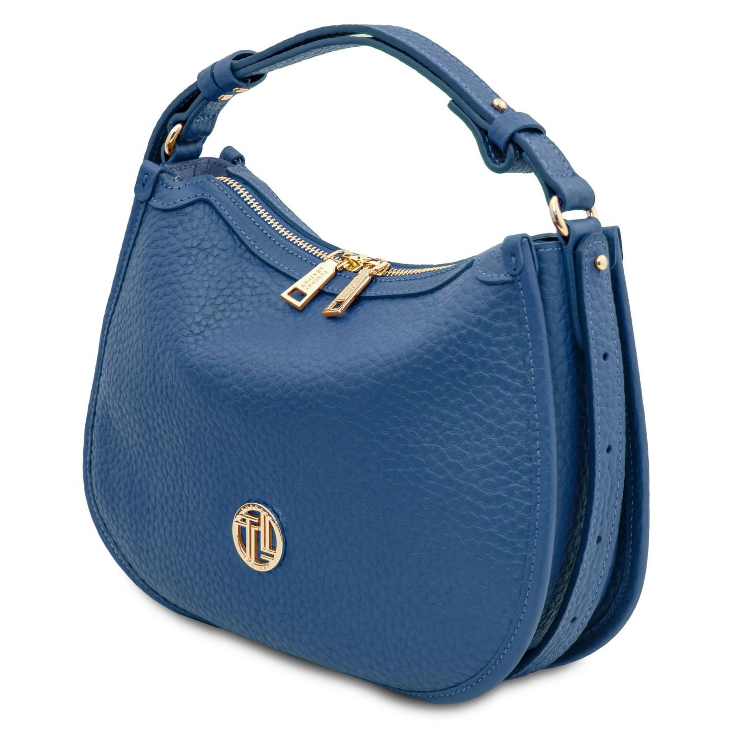 Blue Hoblò soft leather hobo bag viewed from the side with gold zipper pulls and top handle