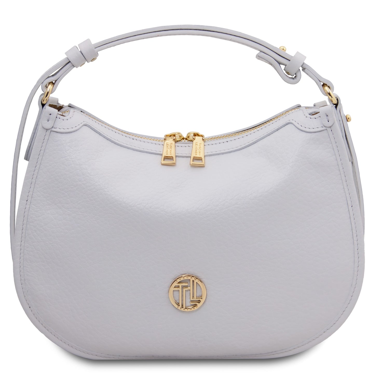 White pebbled leather Hoblò hobo bag with gold hardware, double zipper pulls and a small gold logo plaque