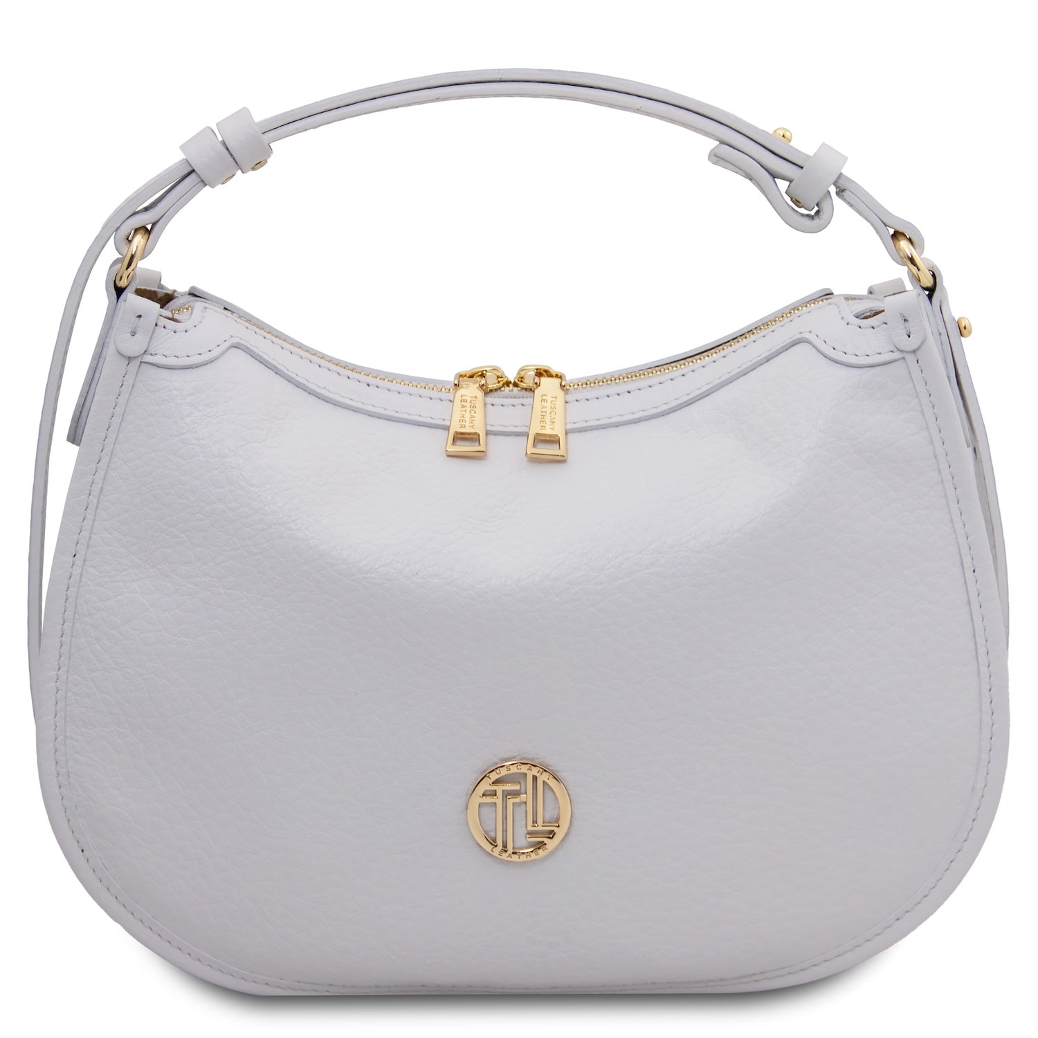 White pebbled leather Hoblò hobo bag with gold hardware, double zipper pulls and a small gold logo plaque