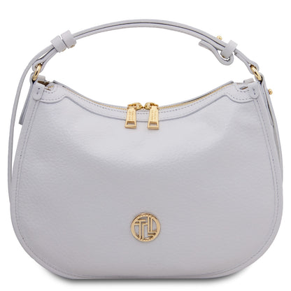 White pebbled leather Hoblò hobo bag with gold hardware, double zipper pulls and a small gold logo plaque