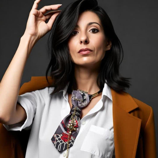 Woman wearing Imperial Cross 4-in-1 Jeweled Tie over a white shirt and orange coat