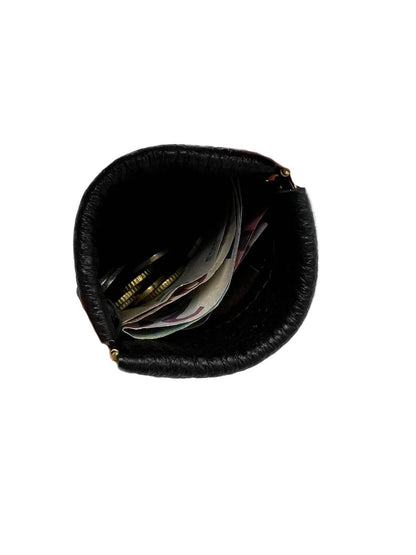 Italian Leather Coin Purse showing black textured leather with visible coins and folded paper currency inside.