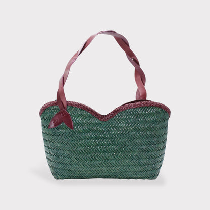 Léafa - Handwoven Leather Shoulder Bag | Burgundy & Green featuring woven leather body with braided edges and twisted burgundy leather handles.