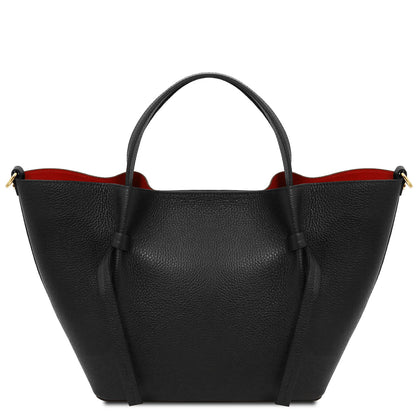 Legame - Italian leather shopping bag - Large size | TL142481 in black pebbled leather with dual handles and red interior lining on white background.
