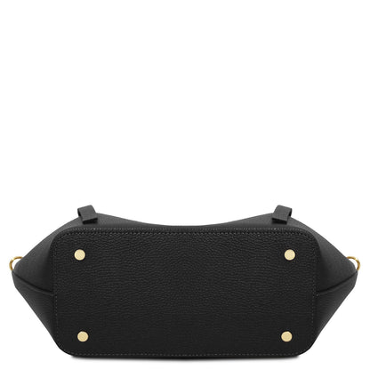 Legame - Italian leather shopping bag - Large size | TL142481 in black pebbled leather with rectangular base and gold-tone metal feet on white background