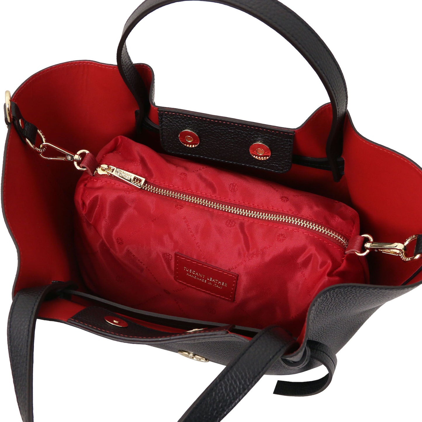 Legame - Italian leather shopping bag - Large size | TL142481 in black pebbled leather with red fabric interior pouch and gold hardware on white background.