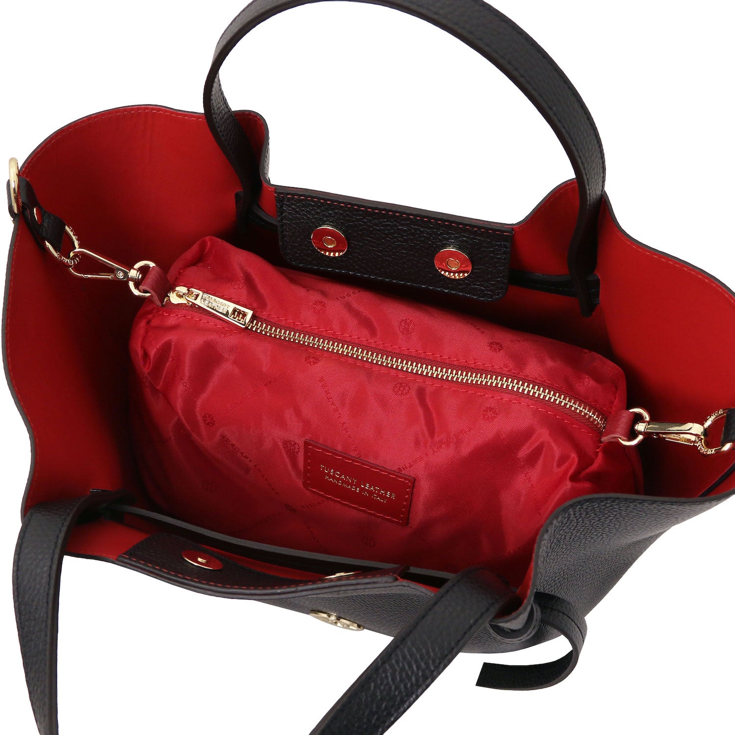 Legame - Italian leather shopping bag - Large size | TL142481 in black pebbled leather with red fabric interior pouch and gold hardware on white background.